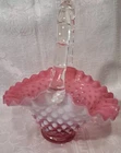 Fenton Cranberry pink Art Opalescent Hobnail low profile basket w applied handle
