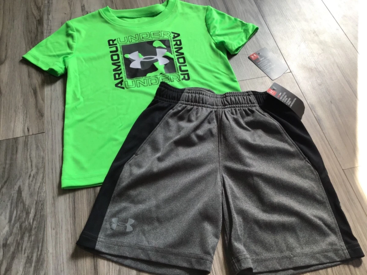 Boys Under Armour neon green tee charcoal gray shorts outfit size 4 NWT