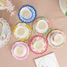 24 Assorted Disposable Paper Drinking CUPS SAUCERS Floral Design Party Events