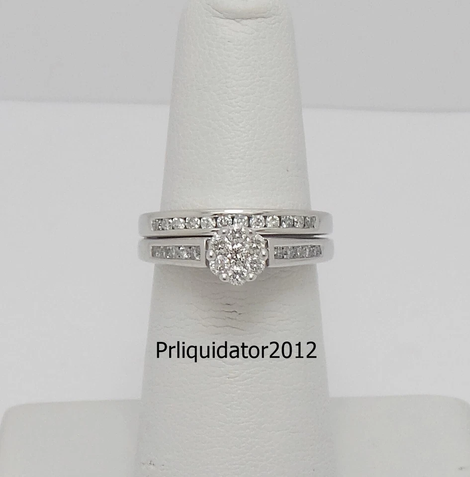 Anillo de compromiso de diamantes naturales de 1/2 quilate conjunto nupcial alianza de oro blanco de 10 quilates Foto 3 de 4