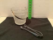 Vintage frosted glass ice bucket, metal swing handle, tongs
