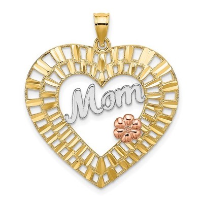 10k bicolor mit weißem Rhodium Diamantschliff MAMA Herz Charm Anhänger Geschenk für Mama