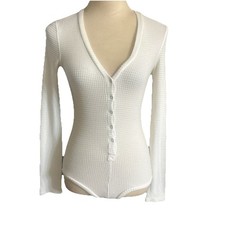 Intimately Free People Bodysuit Women s XS White Thermal Henley Long Sleeve Top