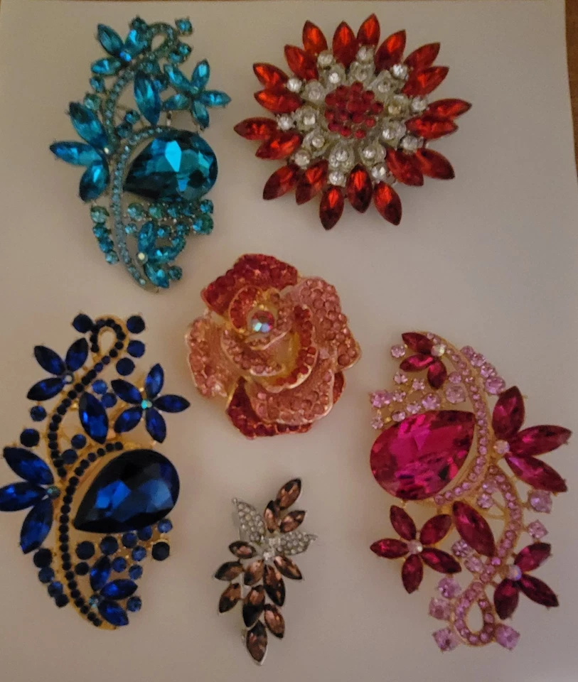 Lote de 6 broches de vidrio floral con flores de diamantes de imitación grandes 1 pequeños CA E231-9 Foto 4 de 4