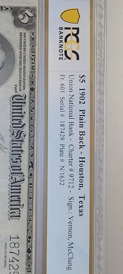 1902 $5 National Bank Note - Union National Bank of Houston,  PCGS 30 Very Fine - Image 2 of 4