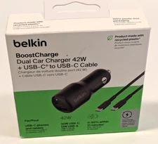 Belkin BoostCharge 42W Dual USB-A/USB-C Car Charger w/ USB-C/8-pin Cable - Black