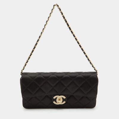 Chanel Classic Black Quilted Satin CC Pearl Clutch with Chain