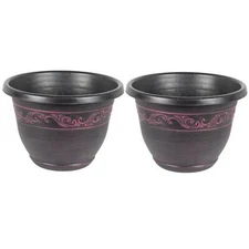 Garden Elements Outdoor Tulip Banded Plastic Planter, Plum, 13" (Pack of 2)