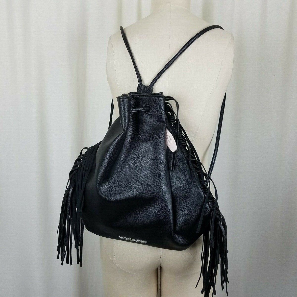 NWT Victorias Secret Black Fringe Backpack Rucksack Cinch Bag