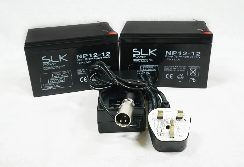 2 x 12v 12AH PRIDE GO GO ELITE MOBILITY SCOOTER BATTERIES & CHARGER BUNDLE