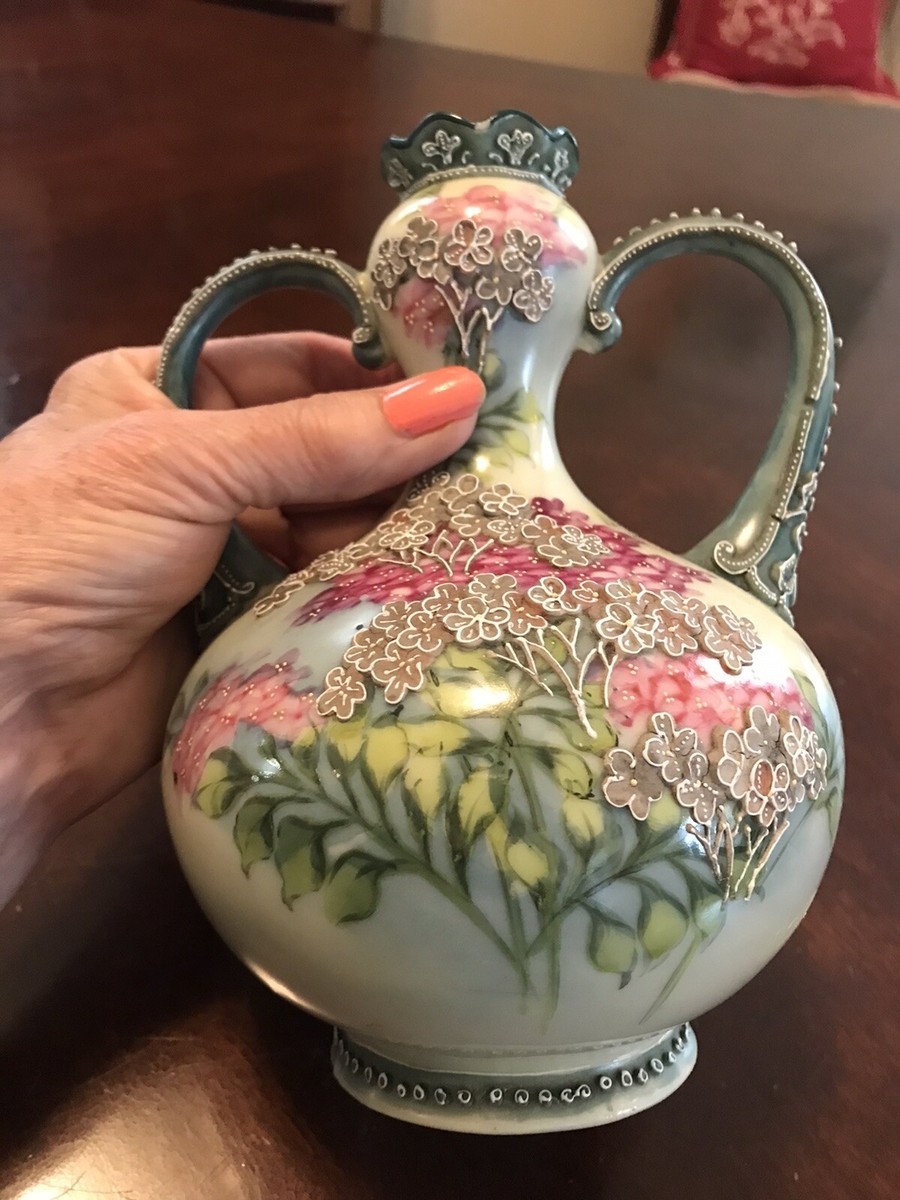 Antique Nippon Moriage Vase Two Handled Beaded 7.5