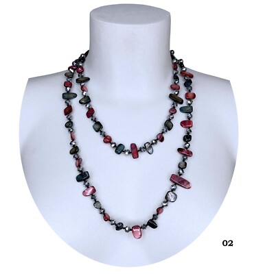 Lange Perlenkette Perlmutt Kristalle Hartstein Damen Schwarz Dunkelrosa