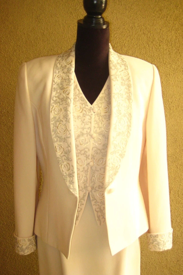 Albert Nipon Evening 3 pcs cream embroidered lined jacket vest, long skirt set 6 - Изображение 2 из 4