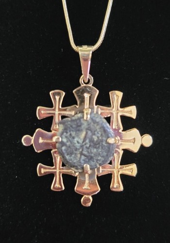 Colgante Cruz Jerusalén Oro Amarillo 14k y Cadena Oro 14K con Moneda Ácaro Viuda - Imagen 5 de 15