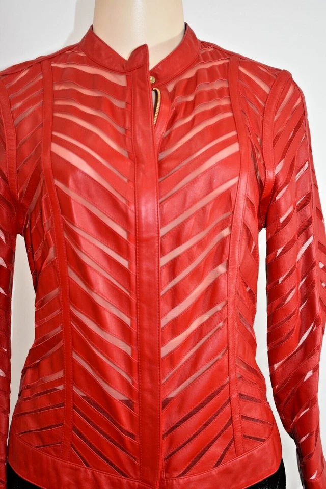 Chaqueta/Ablazer ESCADA Cuero Cordero Rojo Malla Transparente Cremallera Talla 36/4 En Oferta jf Foto 2 de 4