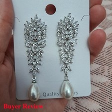 Sparkling Long Wedding Drop Pearl Earrings Silver Plated Cubic Zirconia Jewelry