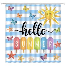 Summer Shower Curtain Blue Stripes Cartoon Sun Popsicle Ocean Starfish Shell ...