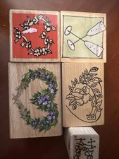 Valentine's Day Rubber Stamp Set of 5 Hearts Hugs and Kisses Wood Mounted