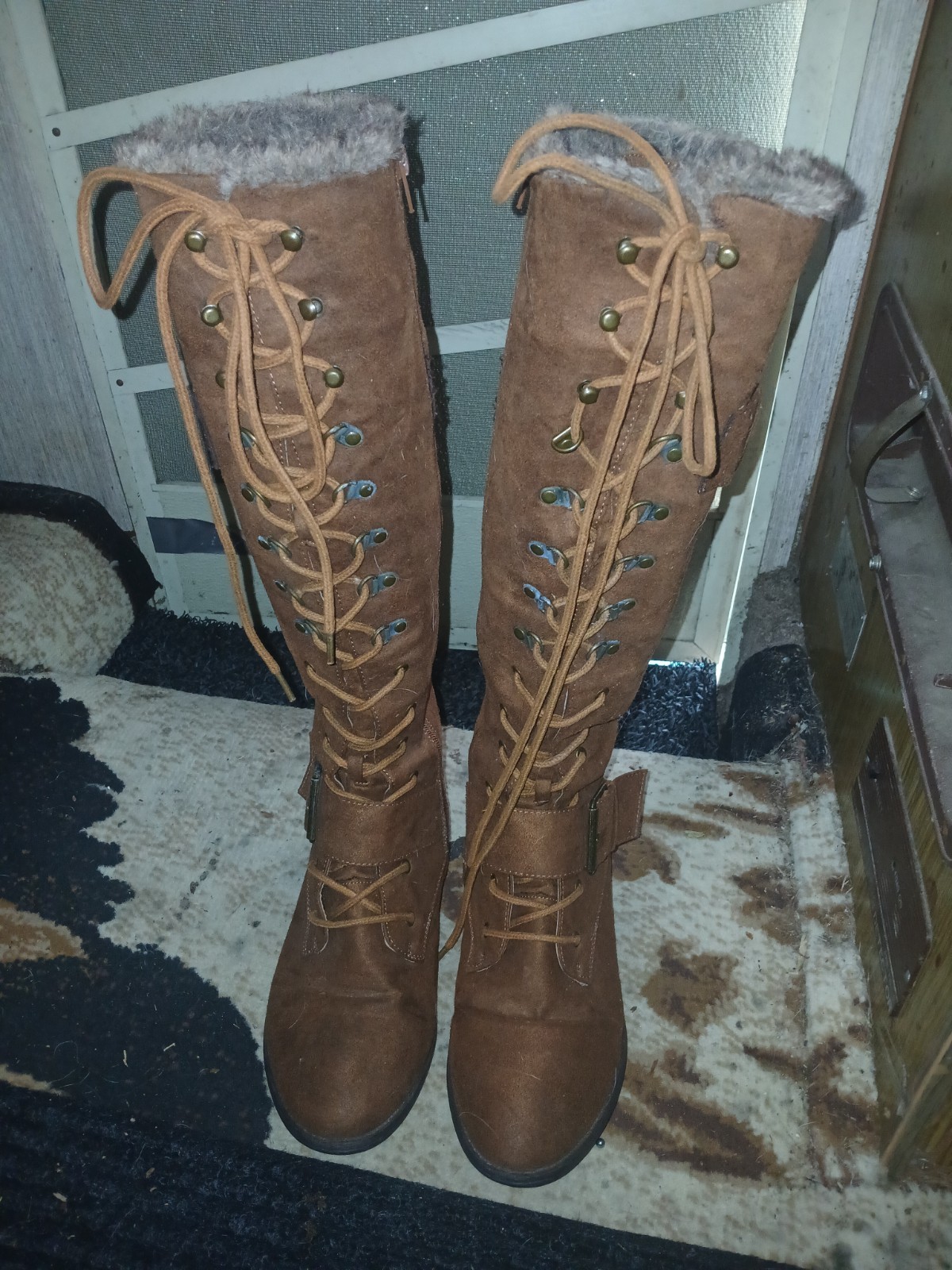 Brown Knee High Faux Fur Lined Lace Up Buckle Riding Boots Faux Suede Women