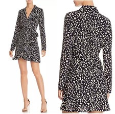  268 Bardot Womens Black White Leopard Print Surplice V-Neck Wrap Mini Dress 6/S
