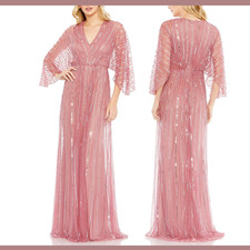 NWT Mac Duggal [ 18 ] 93841 Beaded Striping Kimono Sleeve V Neck Gown Rose S1000