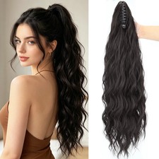 Fluffy Black Brown Water Wave Ponytail Extensions Synthetic Claw Clip for Women