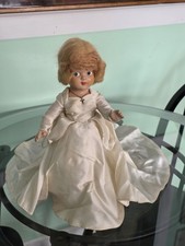 Antique Bride Doll Composition Painted Eyes Wedding Gown Garter 14" Mohair Wig?