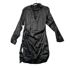 Zara XL Black Dress Full Button New w/o Tags Satin Effect Belted Shirt Dress