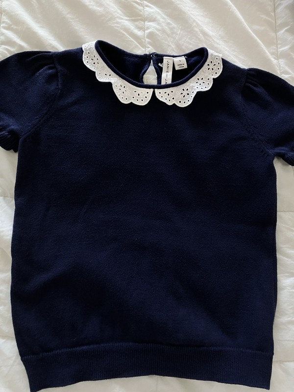 Janie +Jack NAVY Blue  top +White Pique LAcy Collar Ruffled Sleeve Sz 5 Lknu