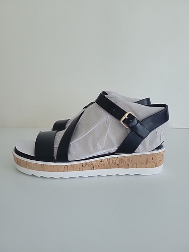 Marc Fisher Grandie Black Faux Leather Platform Cork Wedge Sandals Size 6M New - Picture 8 of 20