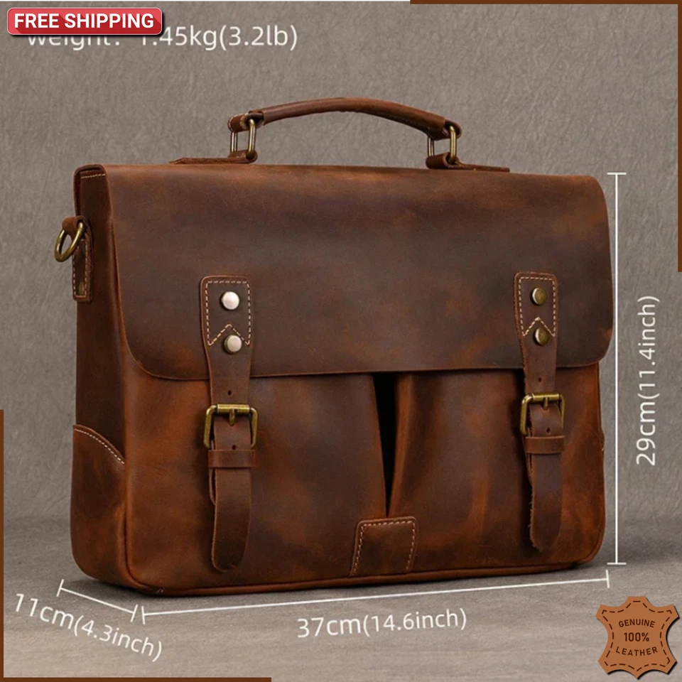 Hombres CUERO GENUINO Bolso para Laptop Maletín A4 Negocios Hombro Oficina Trabajo Estuche Foto 4 de 4