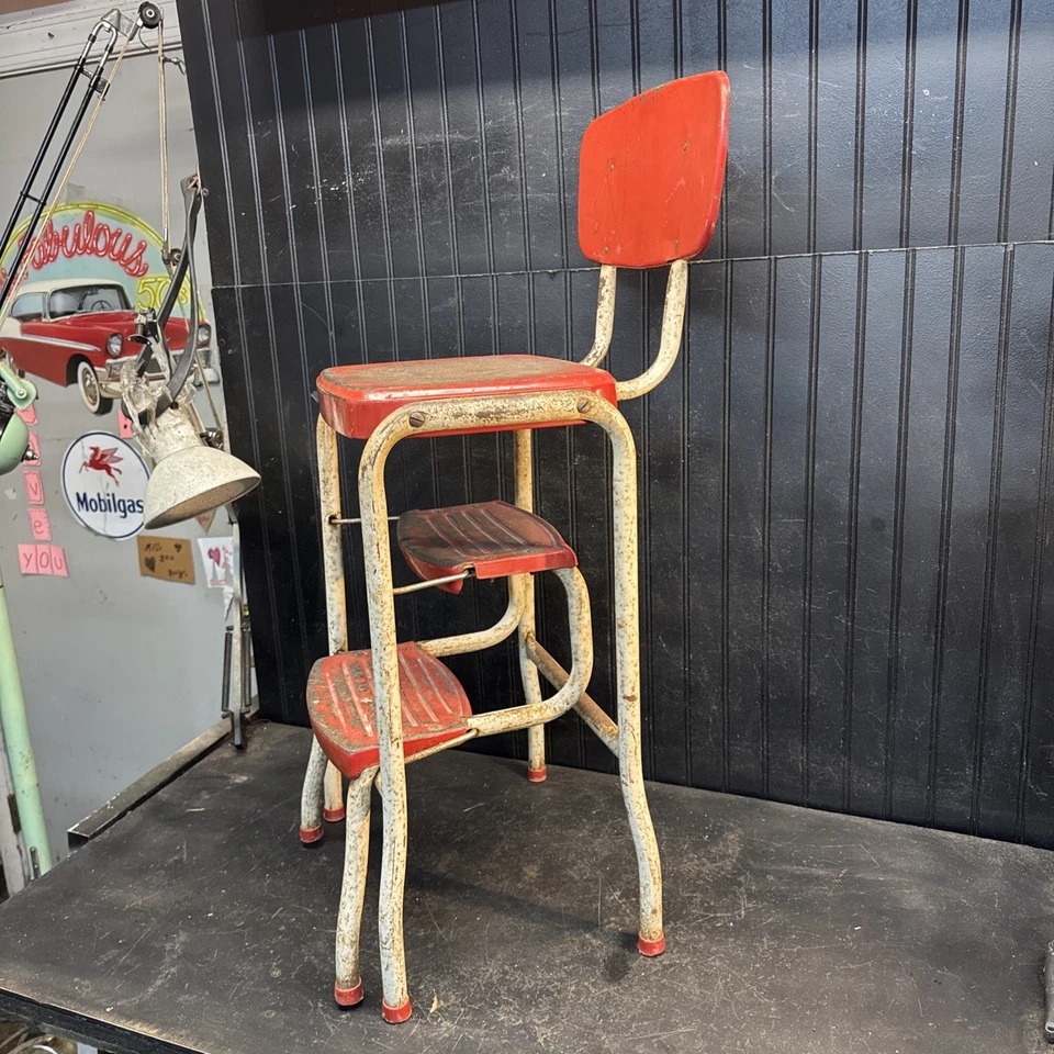 Primitive Century Cosco Retro Style Farmhouse Counter Chair/Step Stool Red White - Image 4 of 4