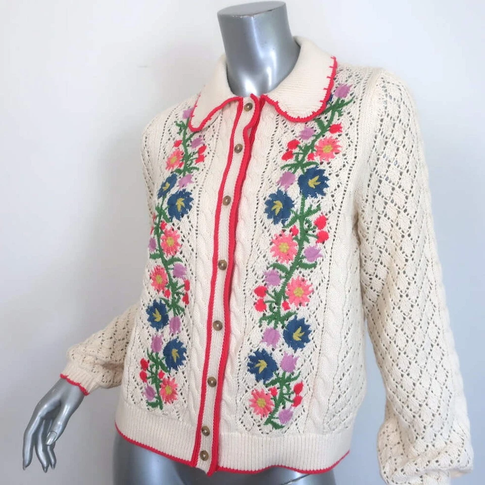 Cárdigan tejido Pointelle bordado floral Boden algodón crema talla pequeña NUEVO Foto 2 de 4