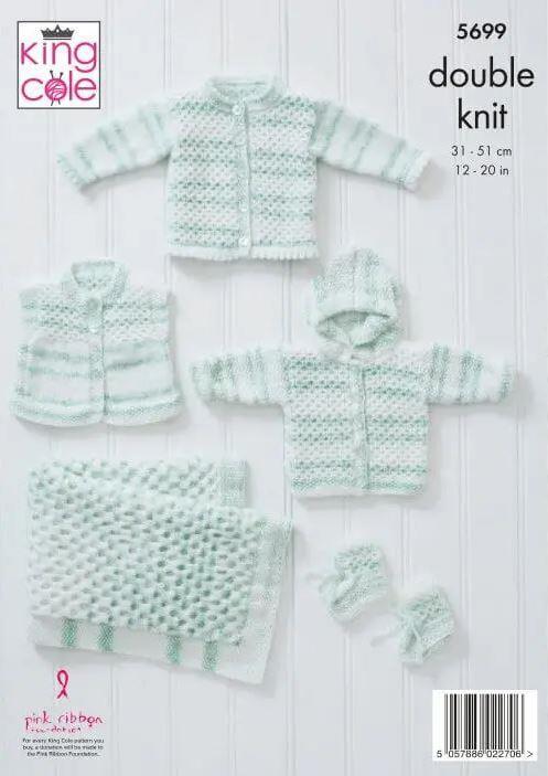 King Cole DK Knitting Pattern Cardigan Waistcoat Hoody Blanket and Booties 5699