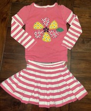 Gap 2pc Pink Stripe Embroidered Flower L/S Top  Pleated Skirt Size 4. EUC