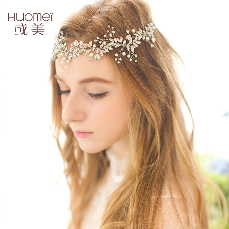 Diadema de boda hoja cristal estrás perla accesorios para el cabello nupcial tocado Foto 3 de 4