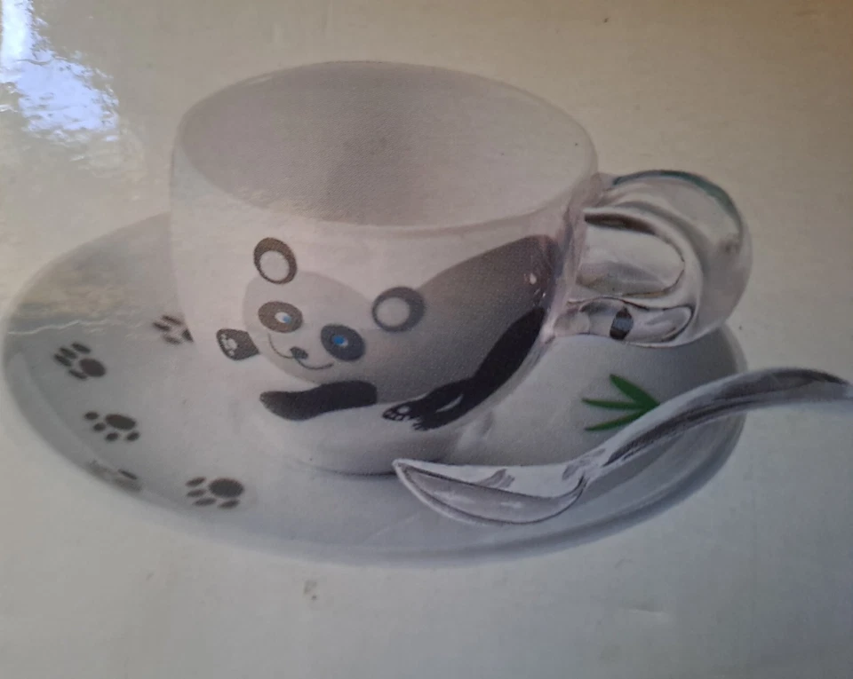 Set 2 tazzine con piattini e cucchiaini Guzzini serie Panda ceramica e plastica - Immagine 2 di 4