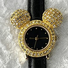 Disney Time Works Women's Rhinestone Mickey Ears Watch - Black Face & Band - New