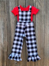 Black White Gingham Overalls With Red Peasant Top Holiday Girl Outfit