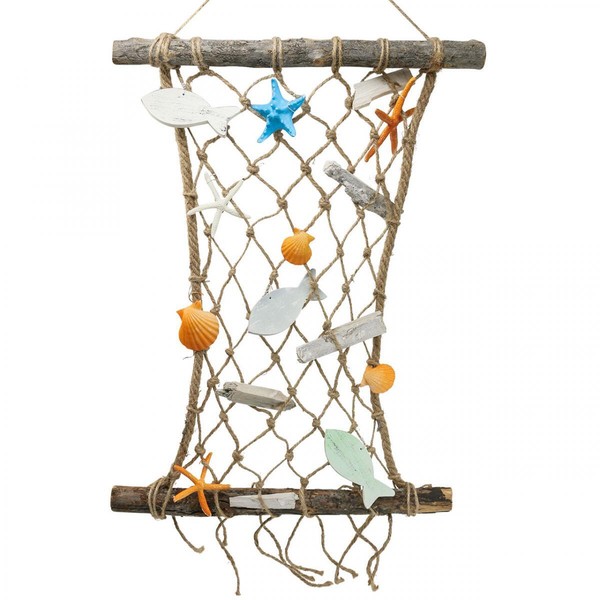 Maritime Wanddeko Fischernetz Mit Muscheln, Seesternen & Treibholz, Naturlook-image