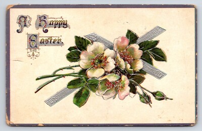 Postcard Easter Greetings,  Floral Arrangement Over Cross