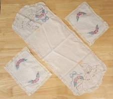 3 Pc. Vintage Embroidered Dresser Scarf w/ Lace Edge - Hand Made