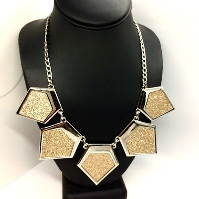 EXPRESS GEOMETRIC STATEMENT NECKLACE BIB GOLD SPARKLES SILVER TONE