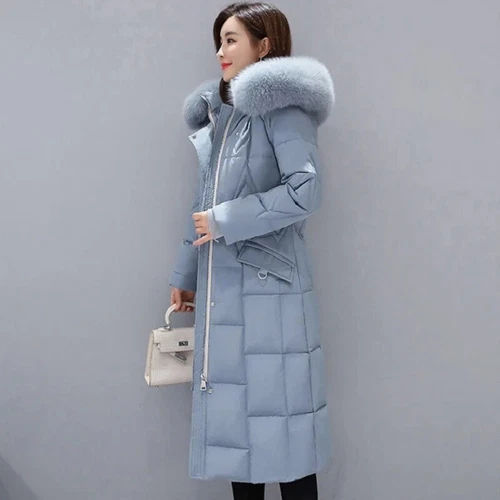 Winter Down Cotton Jacket Long Slim Fit Big Fur Collar Womens Hooded Warm Jacket - Bild 5 von 19