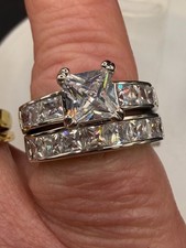 Silver Princess Cut Wedding Engagement Ring Set Square CZ Bridal