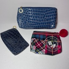Estee Lauder Set of 3 Cosmetic Makeup Bags Zippered Logo Red Plaid Blue