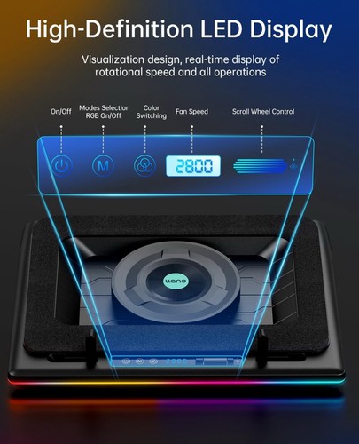 Llano RGB Laptop Cooling Pad Gaming Cooler 15.6-21in Turbofan Touch Control LCD - Photo 5/7