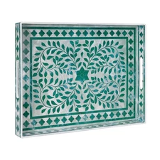 Rectangular Decorative Tray, Plastic with Handles, 15.7" x 11.8" x 1.6", Green