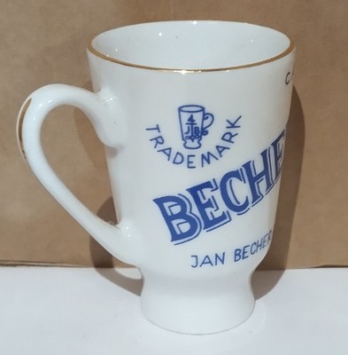 Karlsbad Becher's Likör Mini Keramik Schnapsbecher / Glas mit blauem Text