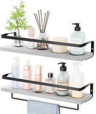 Bathroom Shelves with Towel Bar, Wood Metal Frame, 2 Pack White  Floating She